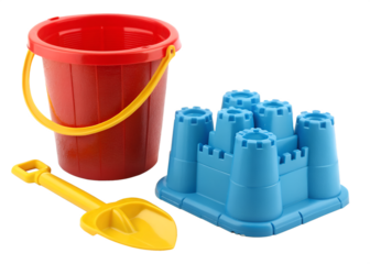 Colorful plastic beach toys set on white background