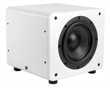 Minimalist white cube subwoofer with black speaker cone