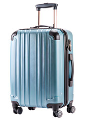 Light blue suitcase with beige straw hat on transparent background