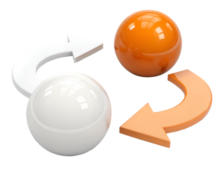 Two glossy spheres and curved arrows on white background