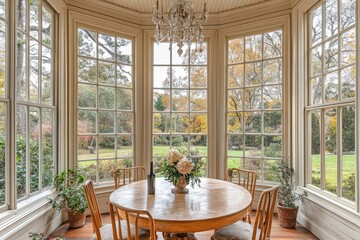 Obraz premium Dining room in a sunroom of an old New England home with high ceilings, shiplap walls, round table, chandelier, and garden views.