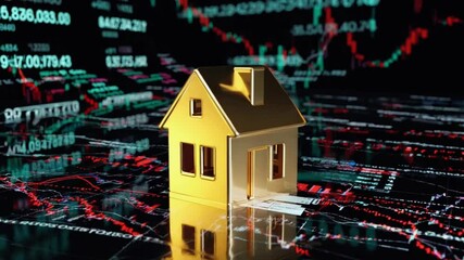 A golden house model, dynamic neon binary code, translucent candlestick charts streaming heat map wireframe data cinematic Real estate blueprint 4K 3D render - Powered by Adobe