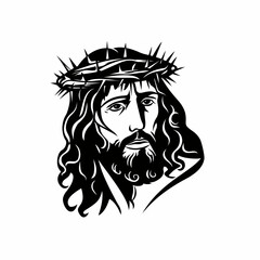 Black and White Vector Illustration of Jesus Christ Carrying the Cross with Crown of Thorns.