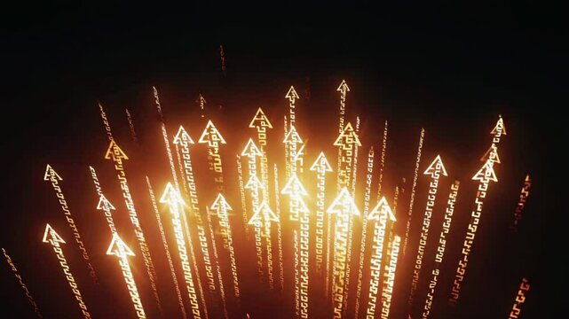 extreme close-up of millions glowing numeric particles arrow shapes, slow-motion explosion new cluster, high-speed capture, cinematic backlight rim, hyperreal detail