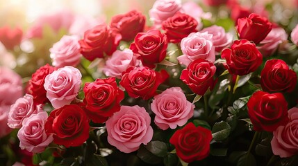 Dense Blossoms Lush Bouquet of Red and Pink Roses with Soft Lighting Effects