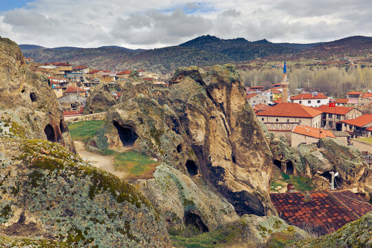 Ancient rock-carved dwellings in Phrygian Valley. Ayazini, Afyonkarahisar Province, Turkey