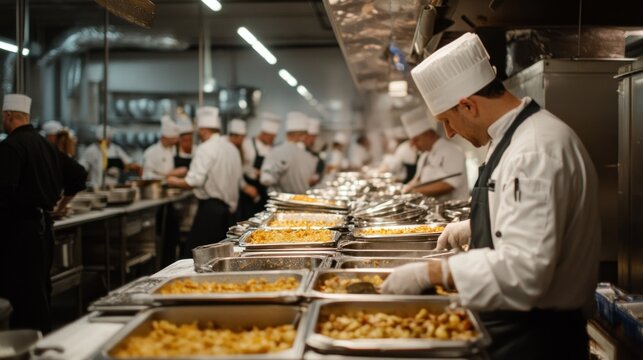 Large commercial kitchen, many chefs preparing food