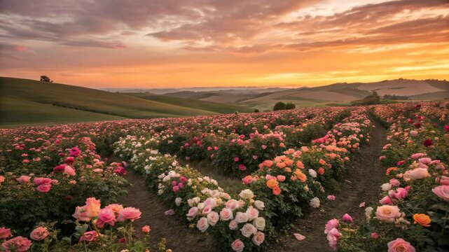 A colorful field of blooming roses stretches across rolling hills under a vibrant sunset sky.