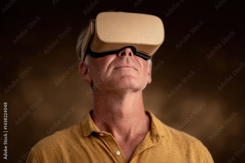 Poster mature man with neutral expression wearing cardboard vr viewer looking upward in dim warm background