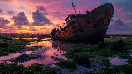 Fototapeta premium Shipwreck at Dawn Under Dramatic Skies with Calm Reflections
