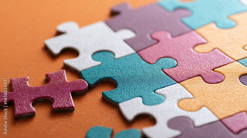 Poster Close-up of colorful puzzle pieces, showing texture and incomplete assembly. Represents problem-solving, teamwork, and strategic thinking.  Ideal for business concepts