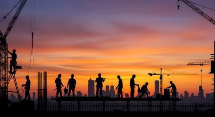 Construction Workers Silhouette at Sunset with Cranes and City Skyline