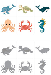 Cute animals shadow match worksheet puzzle. Find the correct silhouette printable kids children game page.
