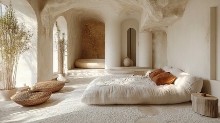 Warm minimalist room featuring organic decor and architectural elements in a calm setting  