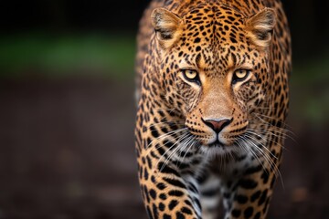 Naklejka premium Leopard in mid profile with distinctive spotted coat and sharp intense expression under natural jungle background lighting highlighting tension and stealth energy