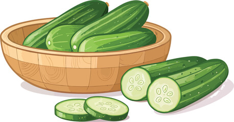 Cucumber in wooden bowl with Cucumber Slice in white background vector design, Cucumber Illustration vector design