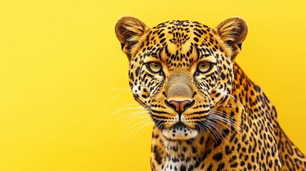 Obraz premium A close up shot of a leopard against a vibrant yellow background looking directly at the viewer calmly