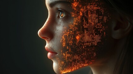Digital human face, glowing circuit overlay