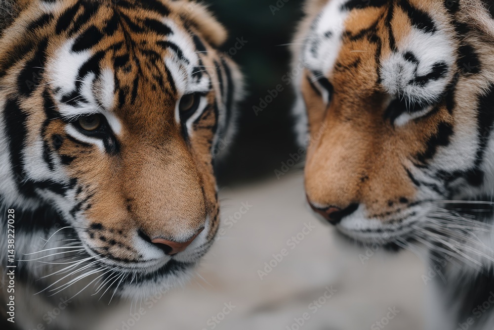 Poster three tigers positioned closely together facing forward with parallel gazes under soft natural light