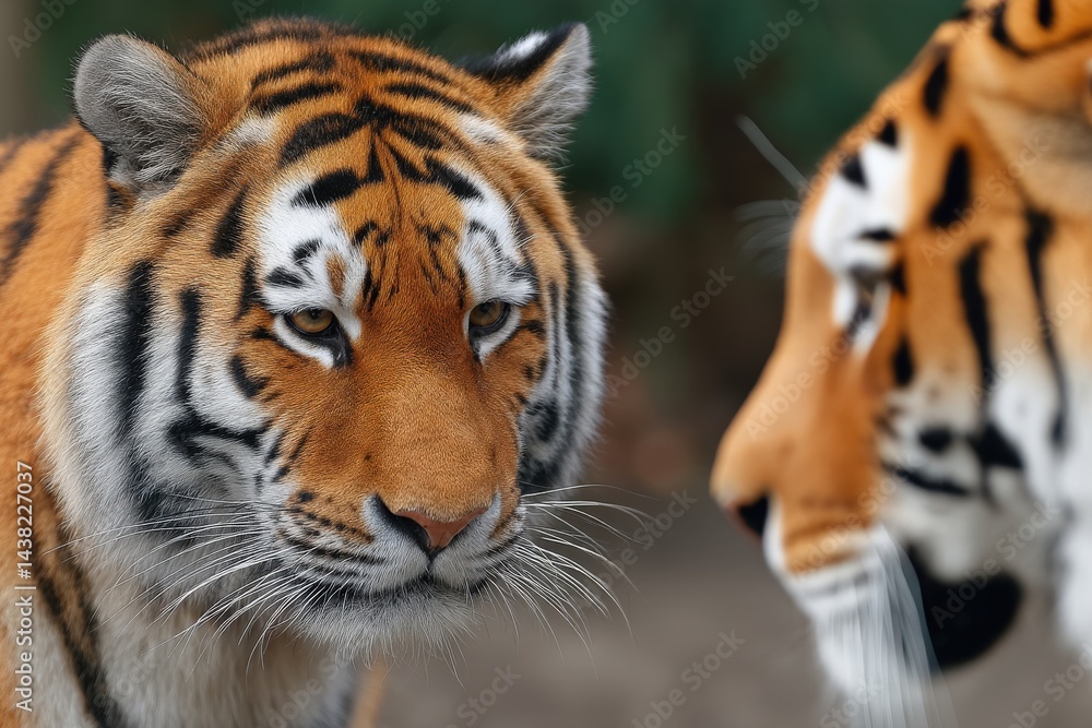Poster single tiger walking through open terrain with intense eyes and striped fur highlighted by warm even