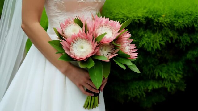 Japanese Korean bride holding bouquet with protea flowers. Wedding east asian culture
