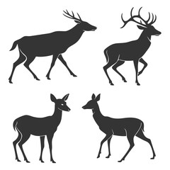 Silhouette Deer Set: 4 Elegant Stag & Doe Illustrations - Monochrome Vector.