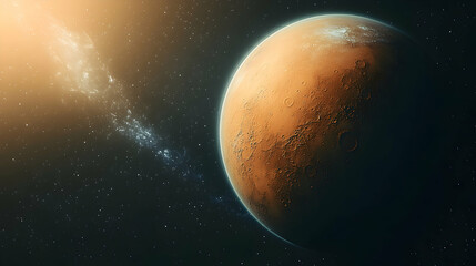 A reddish planet amidst a field of stars and nebulae showcasing a textured surface with craters