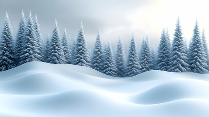 Naklejka premium A serene winter landscape with snow-covered fir trees and gently rolling snowdrifts under a bright soft sky