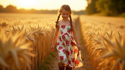 Obraz premium Girl Walking Through Wheat Field At Sunset