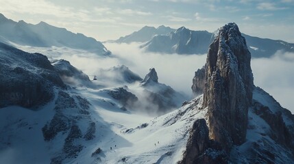 Obraz premium Mountain peaks pierce through clouds; snow-covered landscape