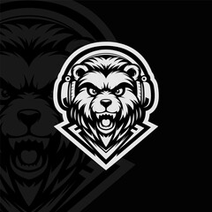 Bear mascot esport logo design, black white