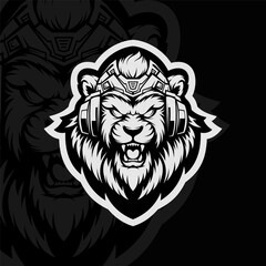 Lion robot mascot esport logo design, black white