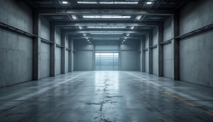 Empty industrial space with concrete flooring.