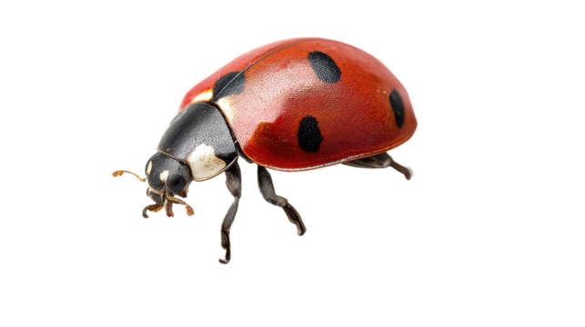A close-up of a ladybug perched on a green leaf. transparent background