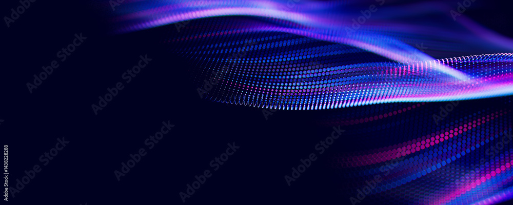 Poster Abstract wave of particles. Big data digital flow concept. LLM learning process, AI technology. Quantum computing. with place for text