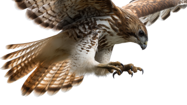 A majestic hawk in flight, showcasing its powerful wingspan. transparent background