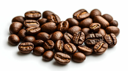 Fototapeta premium Heart Shaped Pile of Dark Roasted Coffee Beans on White Background