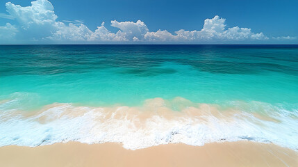 Obraz premium Beach with turquoise water and white sand under a blue sky with fluffy white clouds