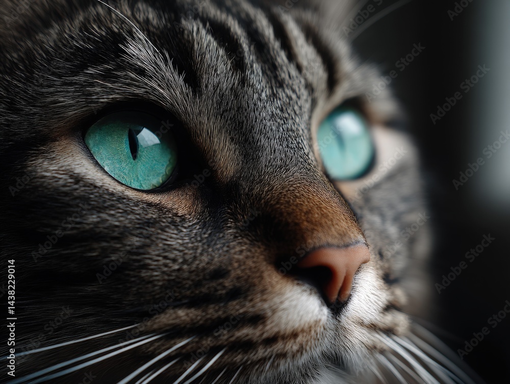 Poster side profile of tabby cat with vivid green eyes and illuminated whiskers set in dark bokeh backgroun