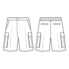 Technical flat sketch of Bermuda pants. Easywear shorts with cargo-patch pockets. Side pocket, Welt pocket, Pleated pocket. Vector mock up Template. 