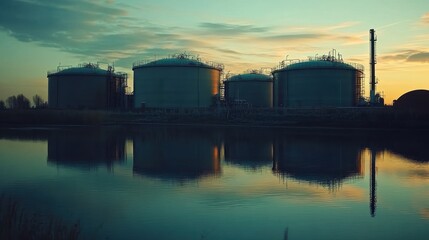 Sunset Reflection over Industrial Storage Tanks