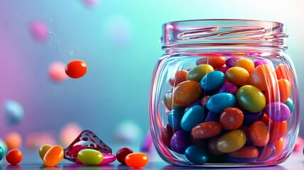 Colorful jellybeans falling into a glass jar with bokeh background - Powered by Adobe