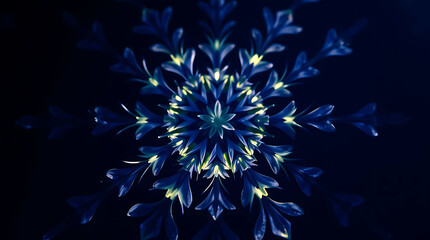 a mesmerizing kaleidoscope of Bluebells flower petals arranged in fractal symmetry, glowing softly against a deep indigo void, subtle prism refractions, created b y generative ai