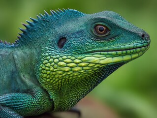Green scaled reptile with blue facial hues resting on branch in natural habitat showing vibrant skin texture and quiet focus under soft ambient lighting in forest lizard imagery