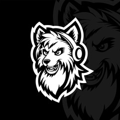 Fox with headset, mascot esport logo design, black white