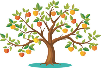 A colorful vector art illustration depicting a neatly pruned fruit tree, showcasing vibrant fruits and lush green leaves in a stylized design.
