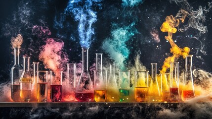 Colorful chemical reactions in laboratory glassware