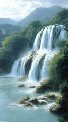 Lush waterfall cascades over rocky tiers surrounded by vibrant green foliage into a clear flowing river