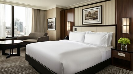 Fototapeta premium Sophisticated hotel room with modern decor, cozy seating, and excellent city view