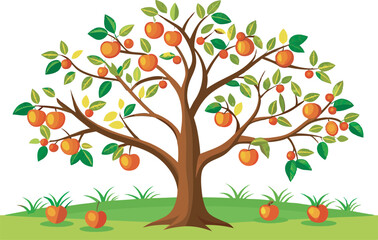 A colorful vector art illustration depicting a neatly pruned fruit tree, showcasing vibrant fruits and lush green leaves in a stylized design.